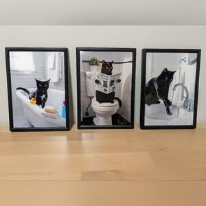 Set of 3 Black Cat Bathroom Framed Wall Decor (5x7")